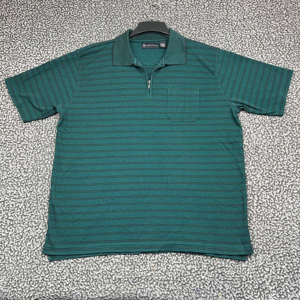 R&R Casual Polo Shirt Men Large Green Striped 1/4 Zip Short Sleeve Pocket
